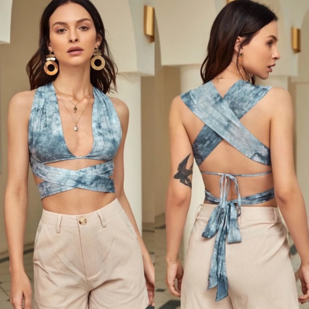 Boho Blue Tie Dye Plunging Neck Wrap Halter Top - Picture 1 of 5